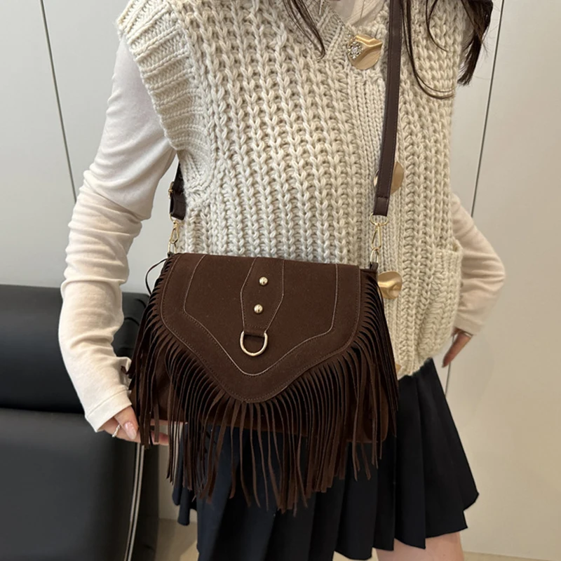 Vintage Tassel Square Handbag Bohemian Style Shoulder Crossbody Bag Travel Commuter Flap Shoulder Bag