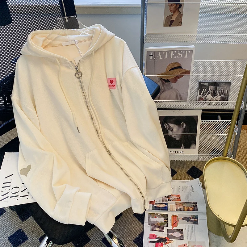 

Y2k New Embroidered Hooded Korean Sweatshirt Women's Cardigan Autumn Thin Coat Female Zipper Apricot Hoodies Gothic Streetwear