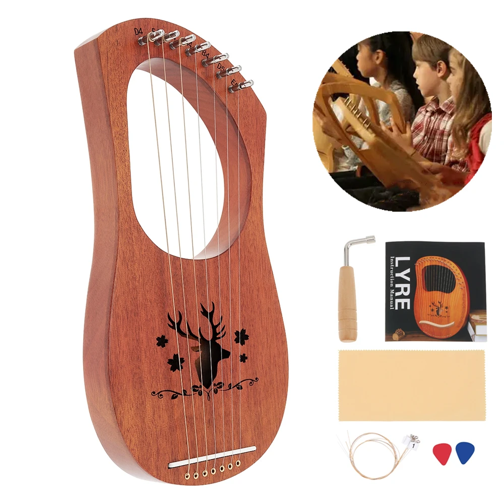

7 String Lyre Harp Solid Mahogany Wood Carving Reindeer with Tuning Hammer String Instrument humb PianoKeyboard Instruments