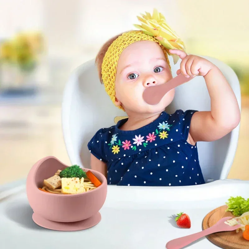 Silicone Baby Bowls Training Spoons Set Baby Suction Bowl and Utensils Toddler Self Feeding Feeding Set 3PCS