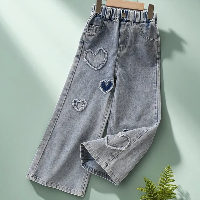 Jean Fille à Motif Cœur - Jambe Large, Taille Élastique - Style Décontracté Tendance - Tailles 6-12 Ans