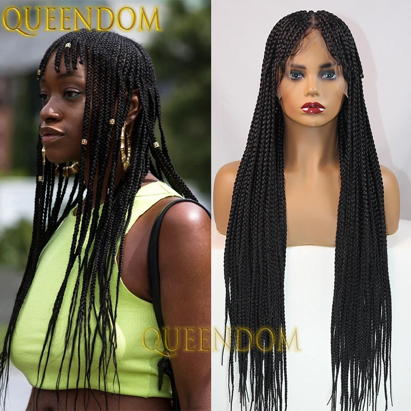 

Queendom Synthetic Box Braid Wig With Bangs 32 Inch Long Full Lace Goddess Faux Locs Braids Wig Crochet Cornrow Plaits Braid Wig