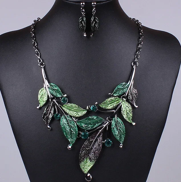 2309321-cc886d.jpg S136da0803e944d96b79e8b4d2ea914bey Green Purple Black Leaf Necklace Earring Sets Enamel Cocktail Statement Crystal Jewelry Set Fashion Green Leaves Nickel Free Mallzona