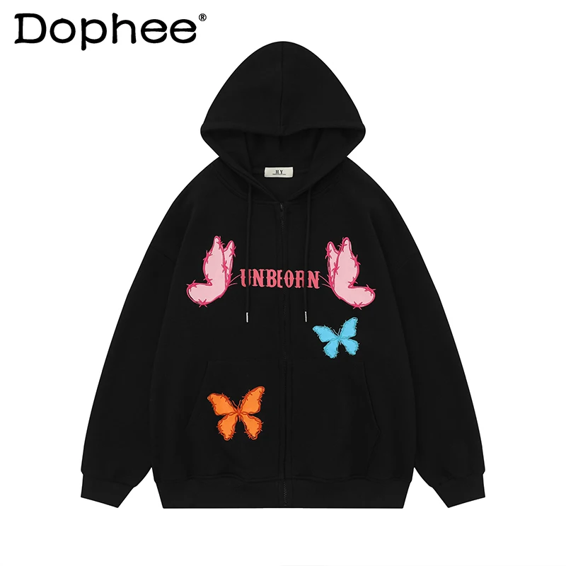 

Hot Girl Butterfly Embroidered Hoodie Female Autumn Fashion Retro Minority All-Match Couple Preppy Style Coat Zipper Sweatshirts