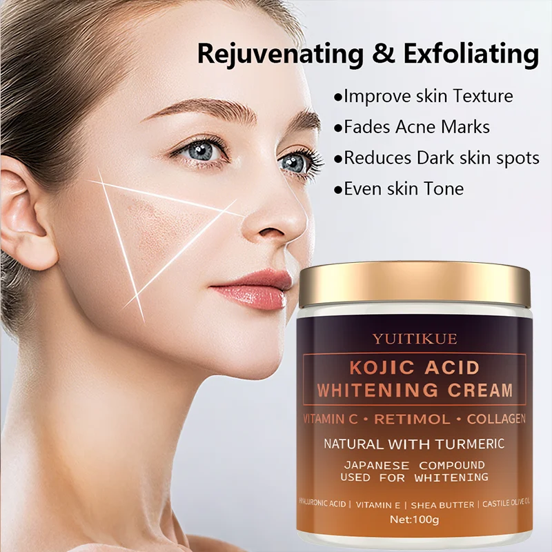 Kojic Acid Whitening Cream Vitamin C · Retinol · Collagen, Hyaluronic Acid | Vitamin E | Shea Butter | Castile Olive Oil