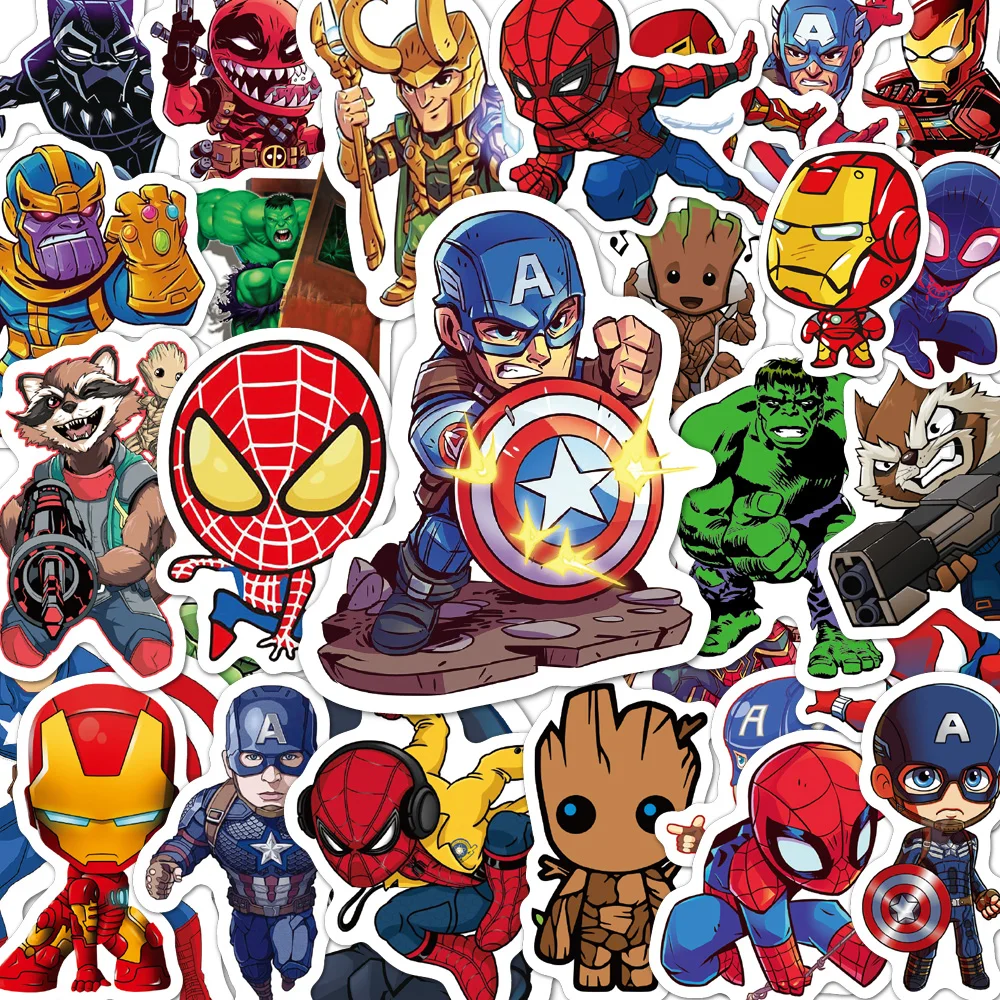 50/100pcs Disney Marvel Stickers Anime Princess Spider-Man Iron Man Hulk Stitch Mickey Mouse Decal for Kids anime stickers