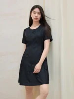 DUSHU 2025 Summer Women’s Textured Floral Shift Dress – Midnight Tone & Curvy Silhouette for Office Chic Elegance 25DS82284