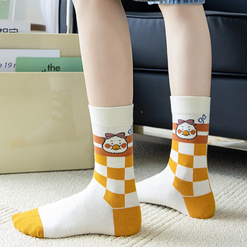 

Women Plaid Sock Funny Happy Cartoon Duck Ladies Short Creative Japanese Harajuku Korean Style Cotton Summer Sock Novelty Female