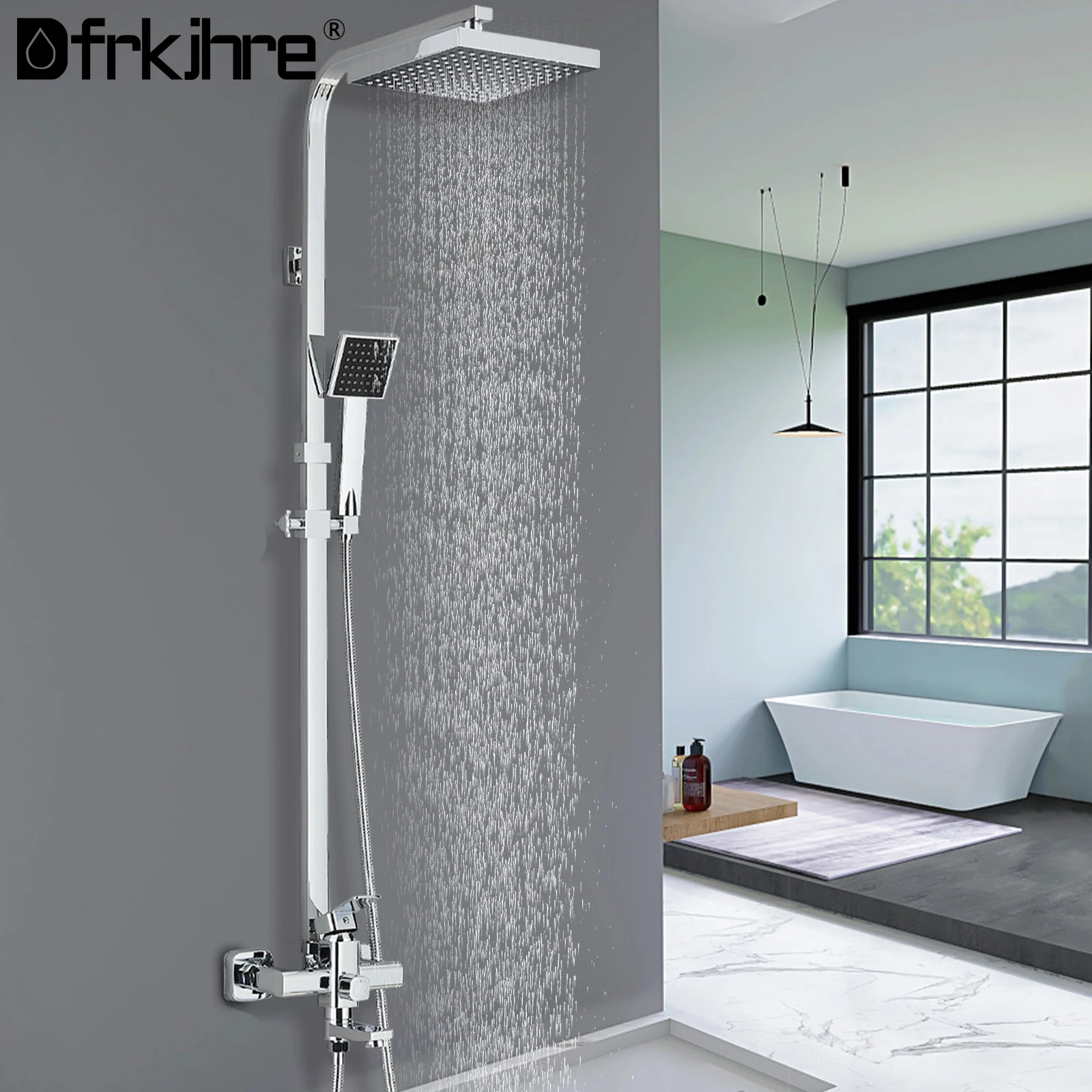 Bathroom Bath Shower Set Mixer Faucet Rotate Tub Spout Chrome Wall Mount 8  Rainfall Shower Head With Handshower 2 Ways Spout