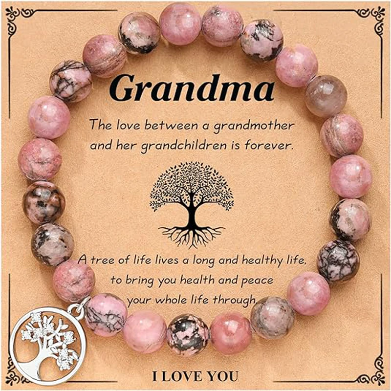 Set Regalo Per Nonna: Borsa In Tela 40x35 Cm + Bracciale Albero Della Vita In Pietre Naturali