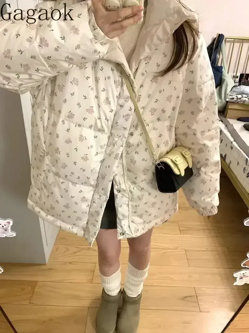 Gagaok manteau d'hiver mode coréenne Parkas doux imprimé fleuri col montant vestes chaudes femme doux Ropa De Invierno Mujer