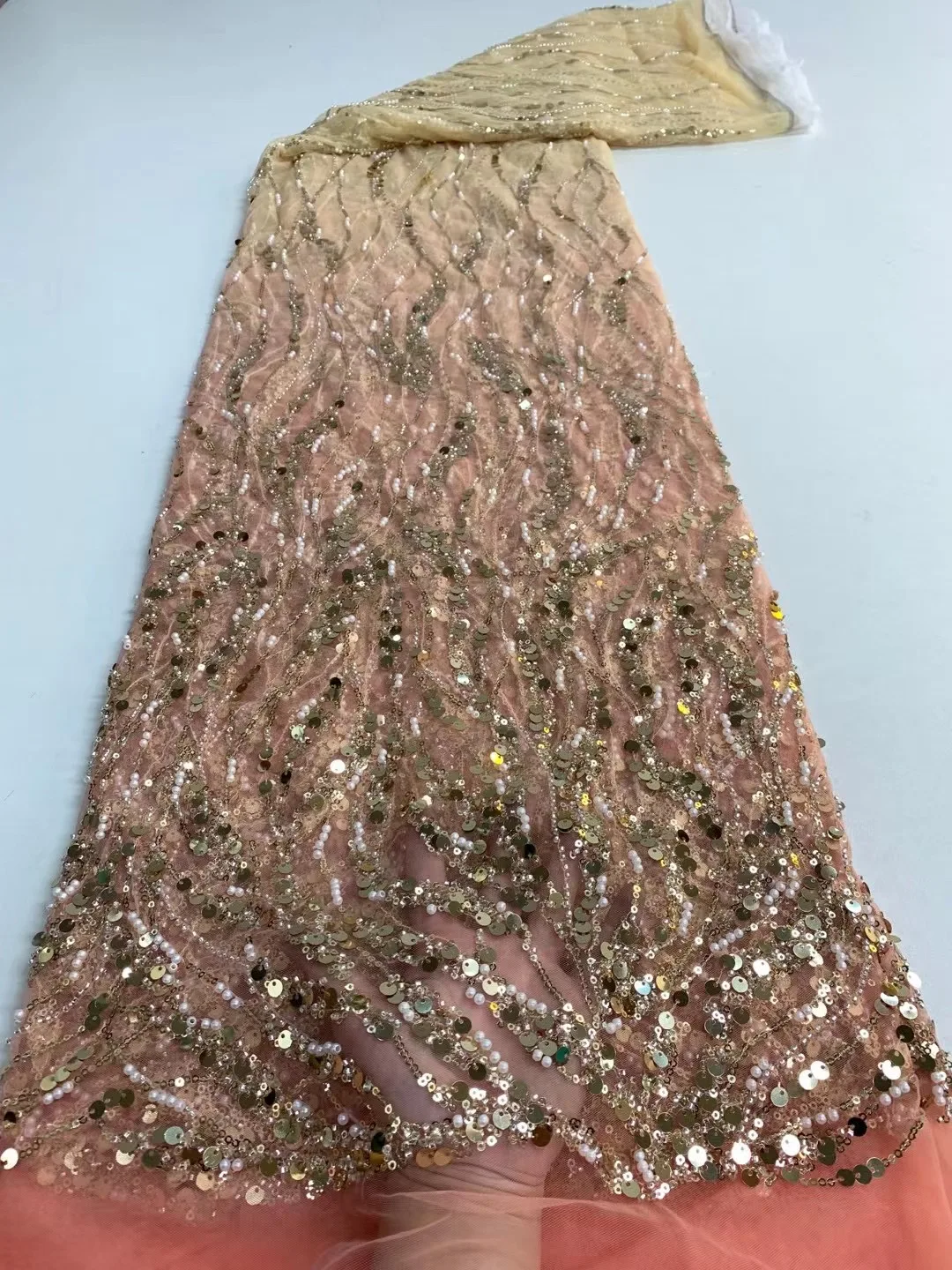 Latest Luxury Sequins Tulle Lace African Handmade Beaded Lace French 2022 High Quality Fabric Nigeria Bride Wedding Dress Sew