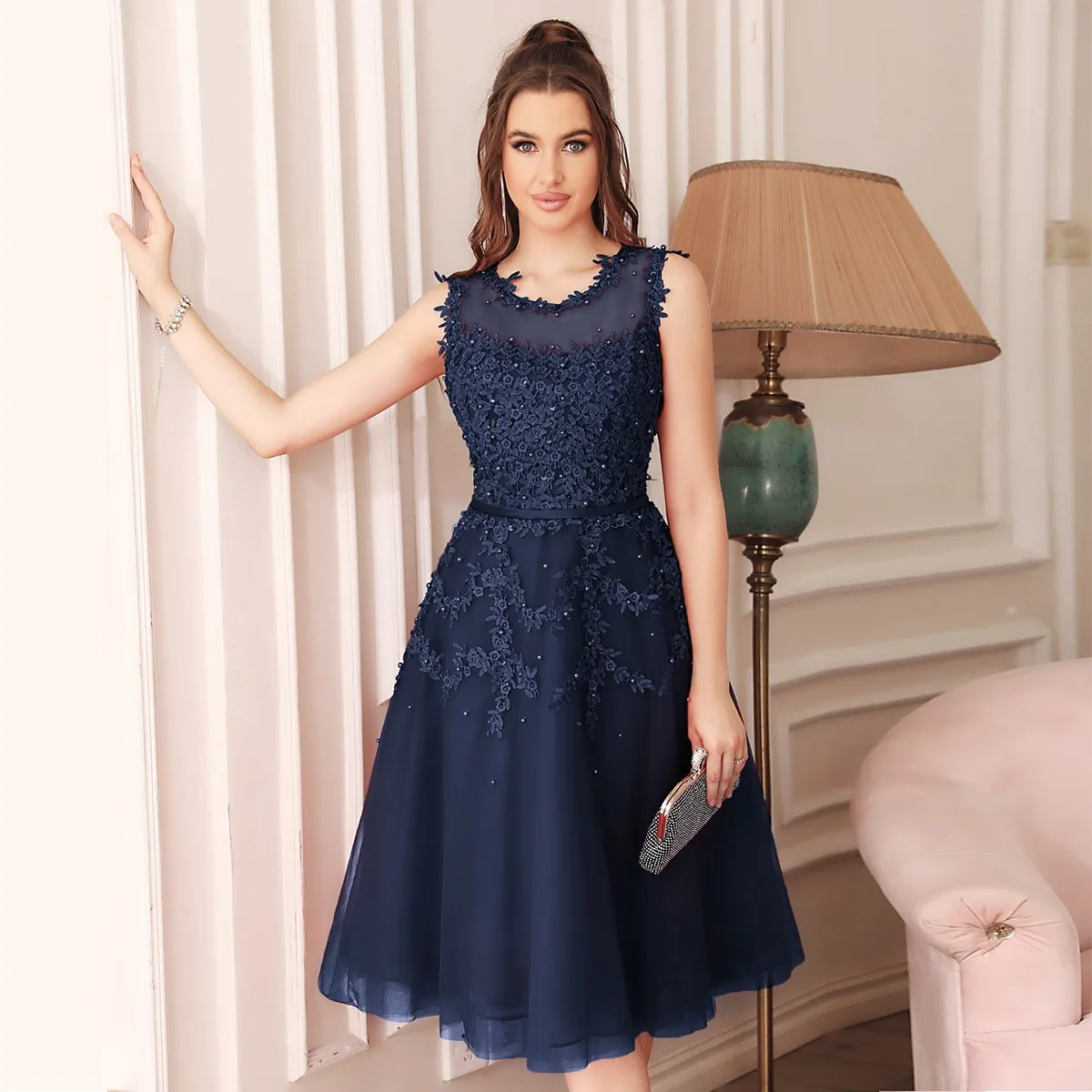 Soft Tulle Evening Dresses Women Appliques Flower Illusion With Sashes Beading Tea Length Formal Party Prom Gown Vestido De Gala