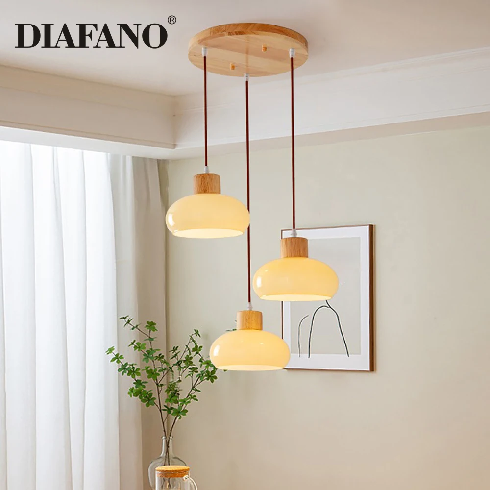 

Wooden Bauhaus LED Pendant Light Fixtures Home Indoor Lighting Bedroom Living Dinning Room Kitchen Beside Lamp Orange Glass E27