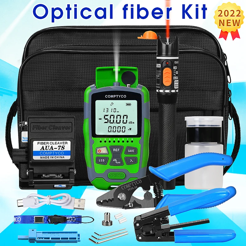 Fiber Optic Tool Kit with -50~+26dBm/-70~+10dBm 3 in 1 Mini Optical Power Meter Visual Fault Locator 10mw AUA-7S Fiber Cleaver