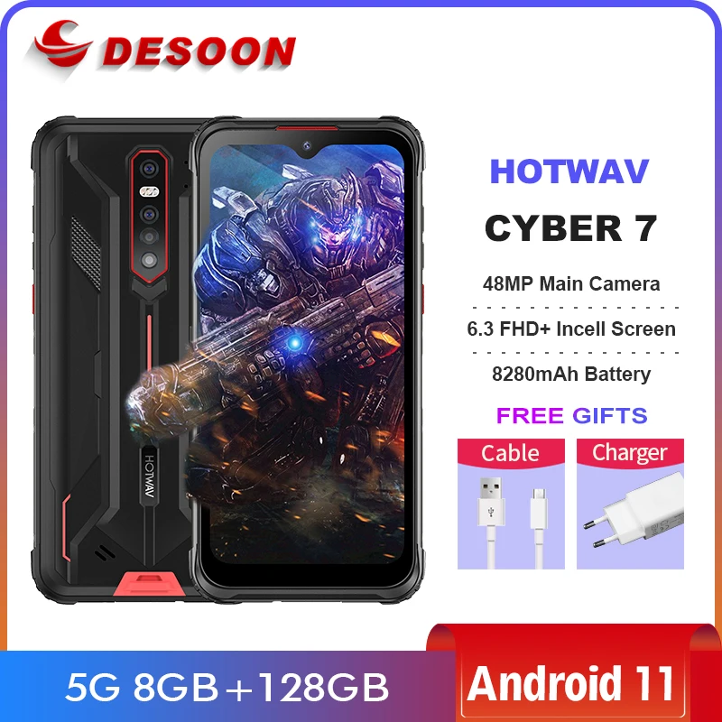 

World premiere HOTWAV Cyber 7 5G Rugged Smartphone 6.3 FHD+ 8GB+128GB 48MP Main Camera Mobile Phone 8280mAh Android 11 Cellphone