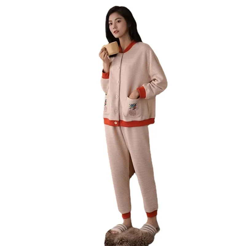 

11911-1Womens Long Sleeve Trousers Pyjamas knitted quilted Pajamas Sets Sleepwear Nightgown Suit Robe Bath Gown Sleepshirts