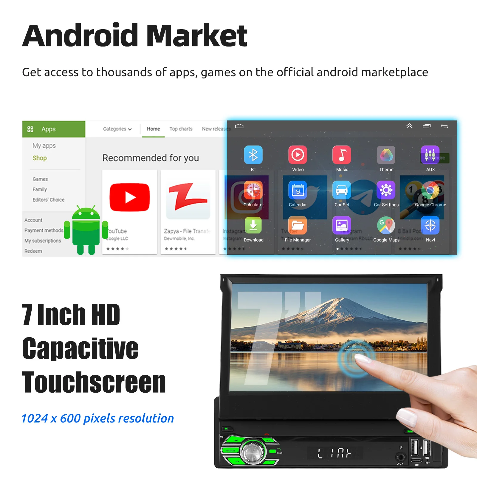 ESSGOO Autoradio Android15 7" 4+64 GB / 2+64 GB Manuell Retraktil Ausklappbar GPS Navigation WiFi RDS USB Typ-C Wireless CarPlay Bluetooth Lenkradsteuerung Mirror Link Android Auto Touchscreen – Detail 3
