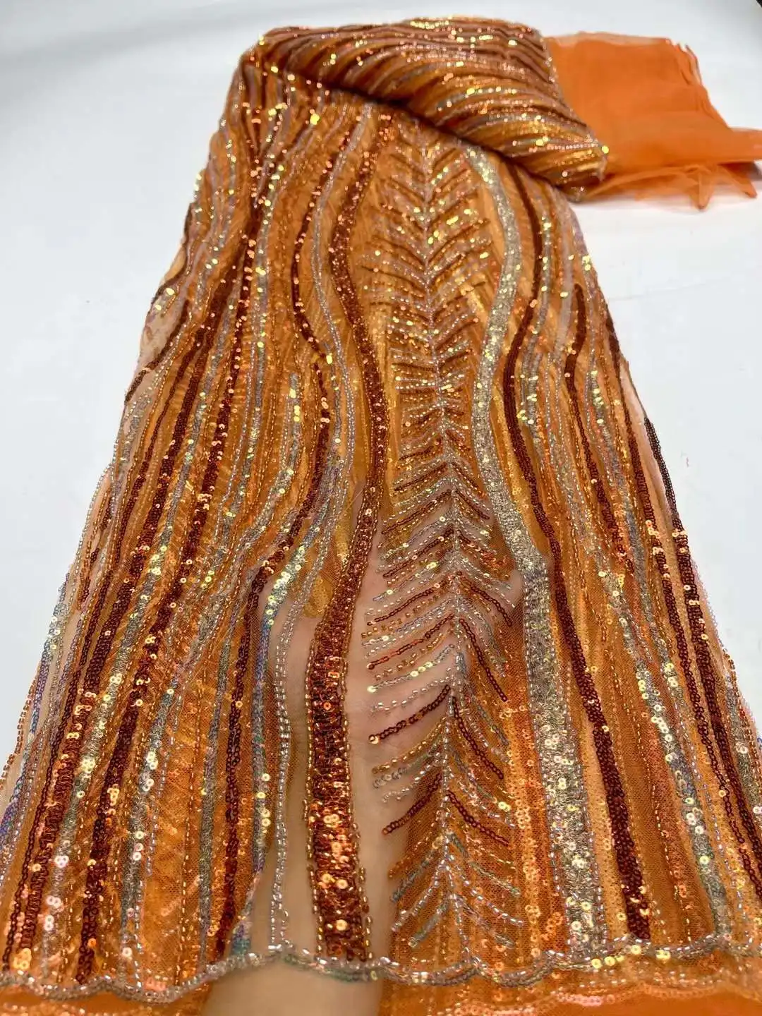 

Luxurious Orange Sequins Lace Fabric Nigeria 2023 Embroidery Net With Beaded African Wedding Fabric