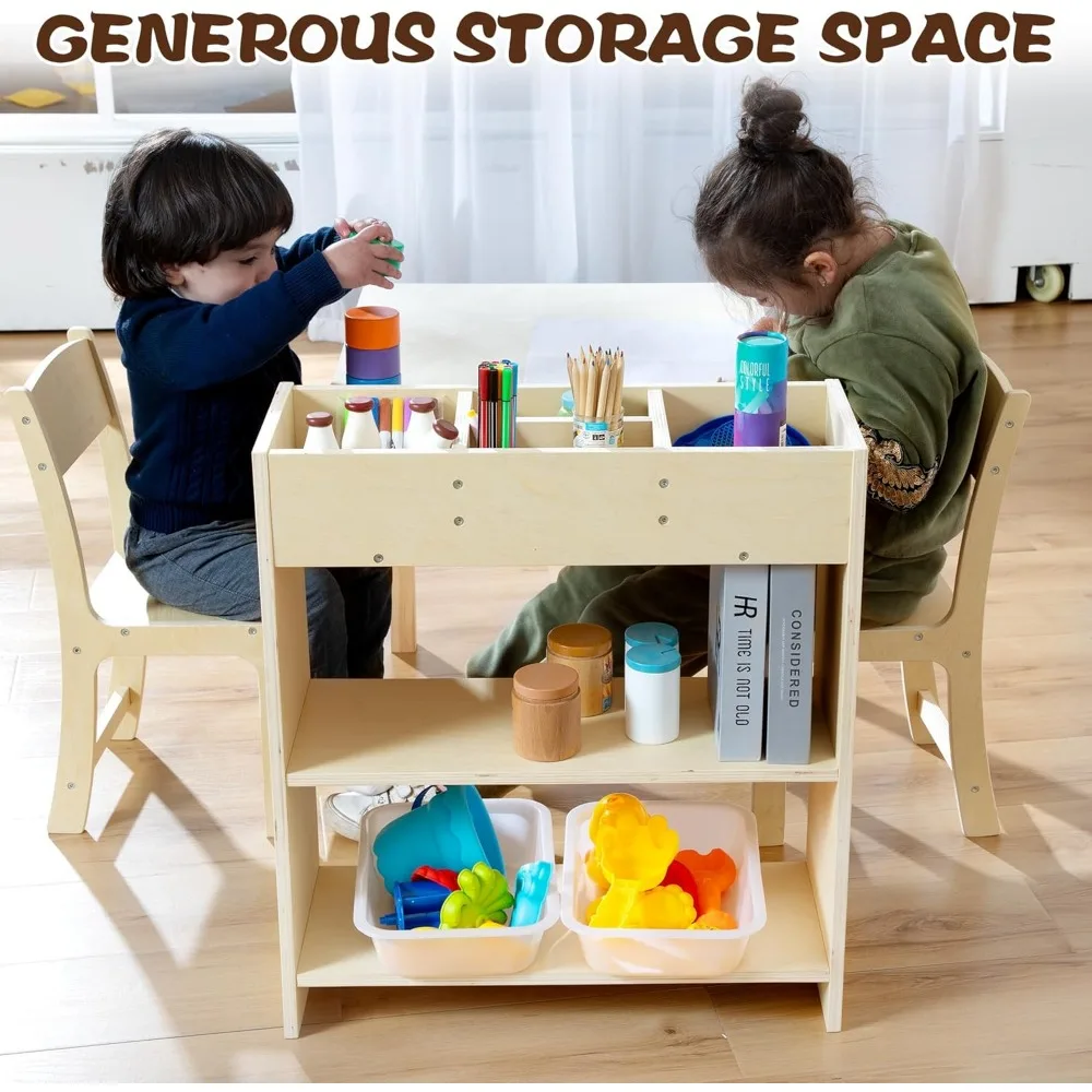 Kids Art Table and Chair Set, Birch Wooden Activity Craft Table, Kids Drawing Table, Toddler Desk with Storage and 1 Chair 5