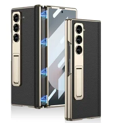 Luxury Sleek Leather Magnetic Hinge Phone Case - Shockproof Folding Cover with Screen Protection - Galaxy Z Fold7 (Black Gold)
