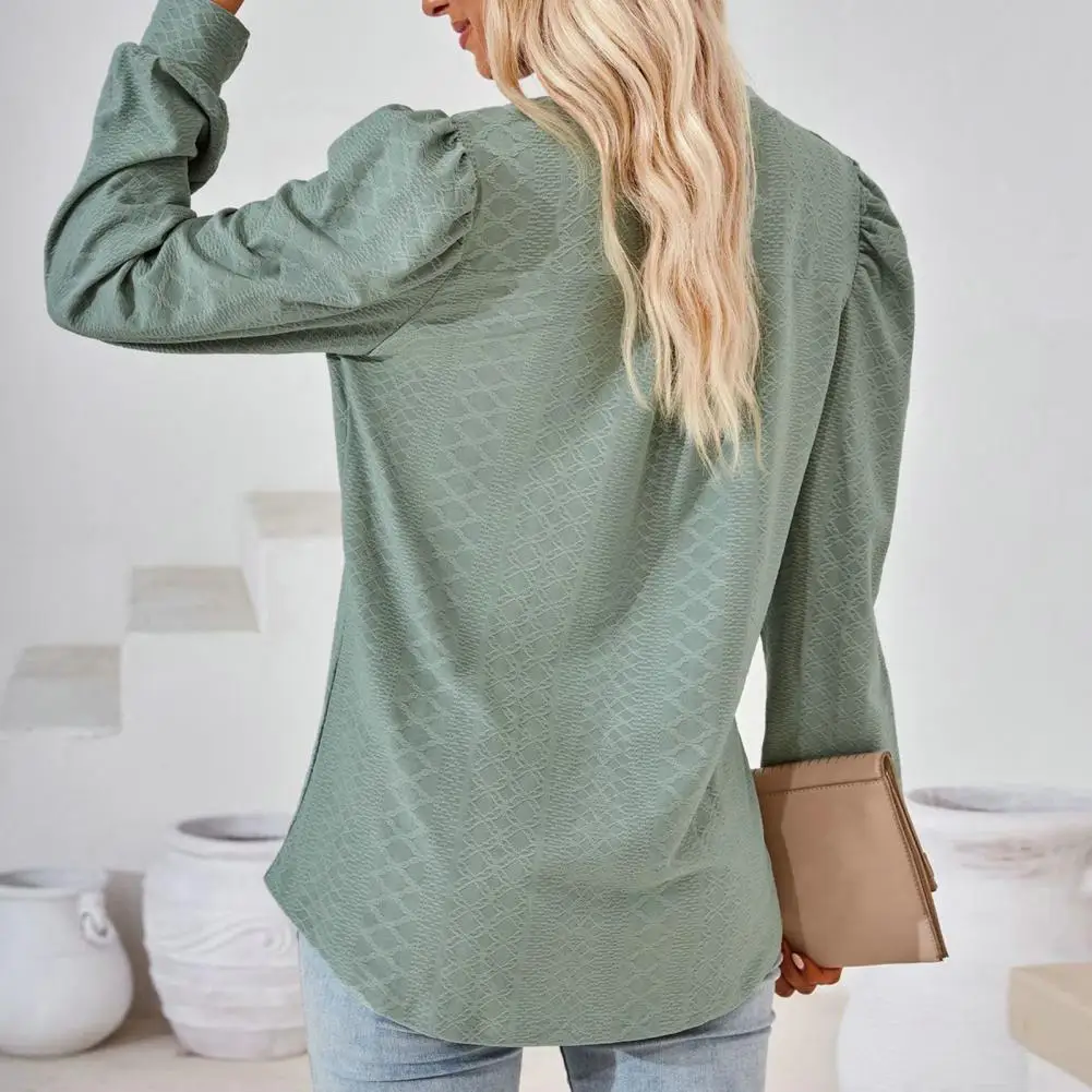 

Lady Top Chic Applique Pullover Stylish V Neck Soft Solid Color Mid Length Blouse for Women's Casual Ol Commute Woemn Fall