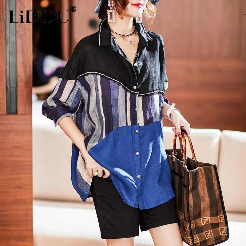 Spring Autumn Oversized Streetwear Hipster Patchwork Pure Cotton Shirt Women Long Sleeve Loose Casual Blouse Female Buttons Top