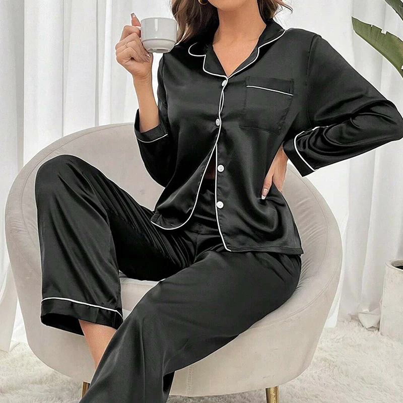 Women's Pajama Set Silk Sleepwear Suit Loungewear Pj Set Satin Long Sleeve Tops With Pants 2 Pieces Pjs Pajamas for Women Pyjama