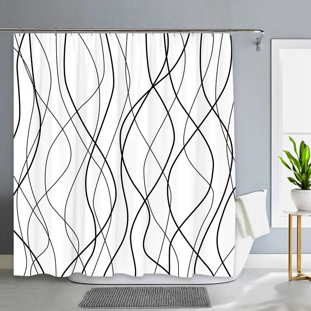 

Black and White Striped Shower Curtain, Abstract Modern Minimalist Waterproof Fabric Shower Curtain With Hooks Bathroom Decor