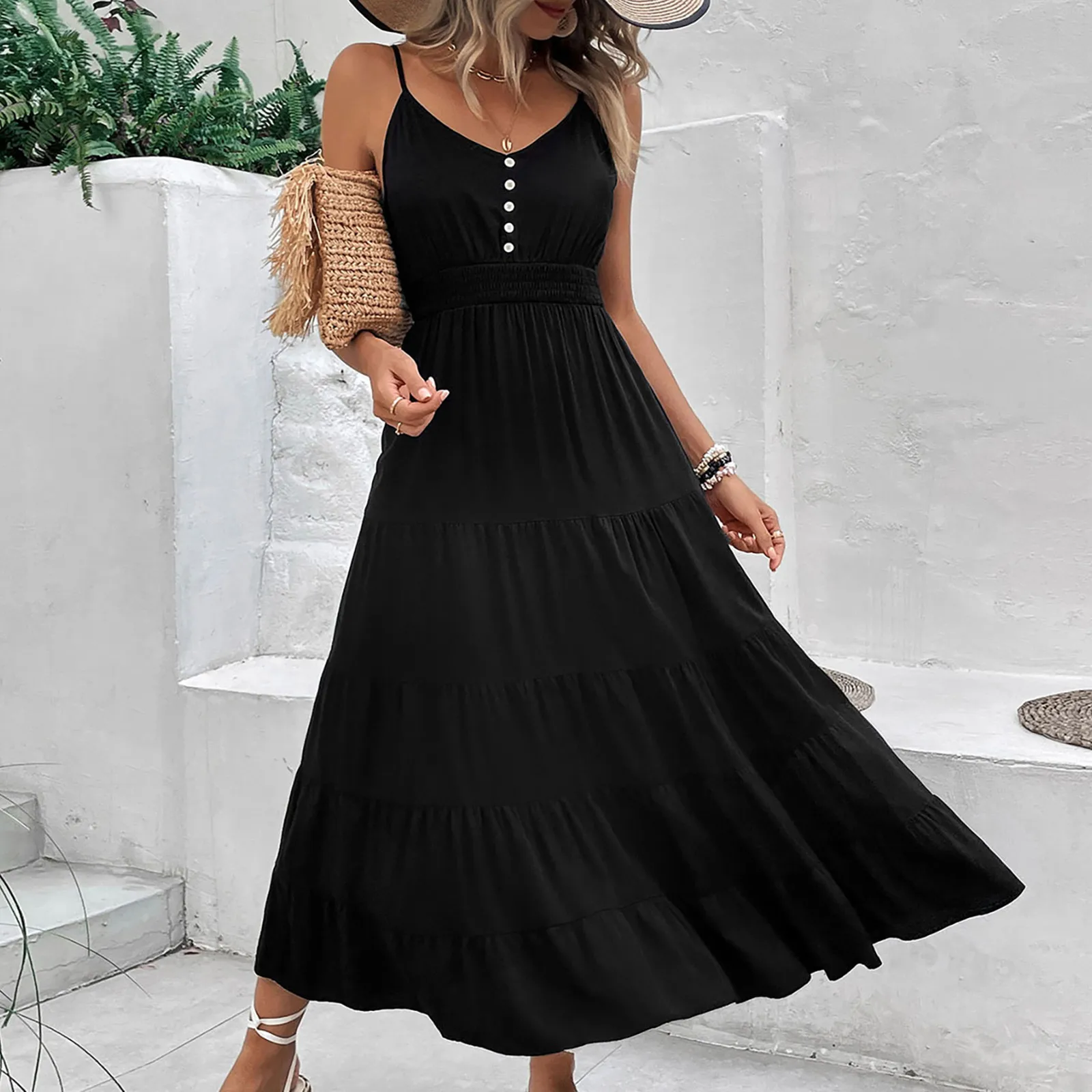 

Casual Botton V-Neck Summer Dress Solid Color Spaghetti Strap Holiday Long Dress Backless Sundresses Women Robes Longues