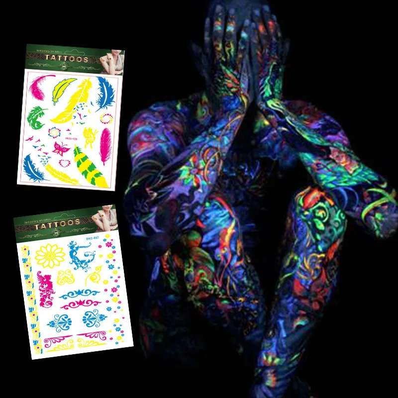 Luminous Tattoo Fake Tattoo Dark Waterproof Sexy Temporary Tattoo Sticker Body Art Fluorescent Tattoo Sticker Party Use juice ink temporary tattoo stickers flower snake moon tattoo lasting waterproof women sexy waist body fake tattoo women men