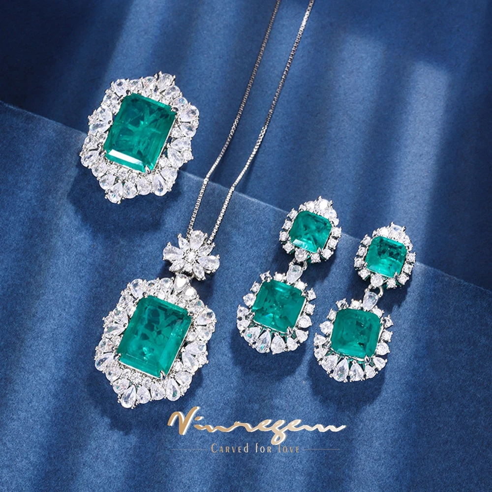 

Vinregem Vintage Synthesis Emerald Ruby Paraiba Tourmaline Gem Anniversary Ring/Necklaces/Earrings Luxury Jewelry Set 3Pcs Gifts