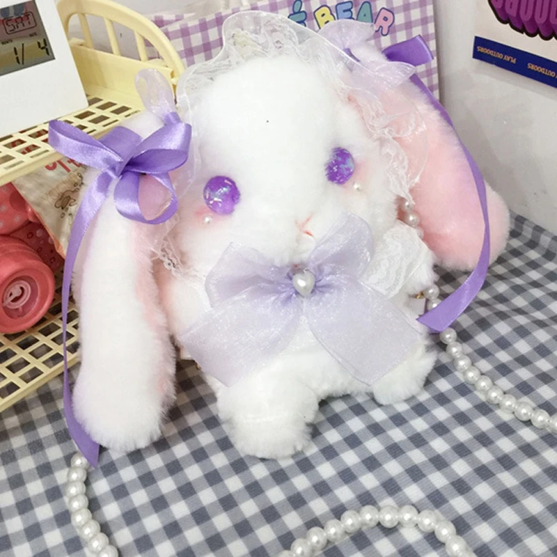 Rabbit Shoulder Bags Womens Plush for Doll Crossbody Bags with Beaded 4