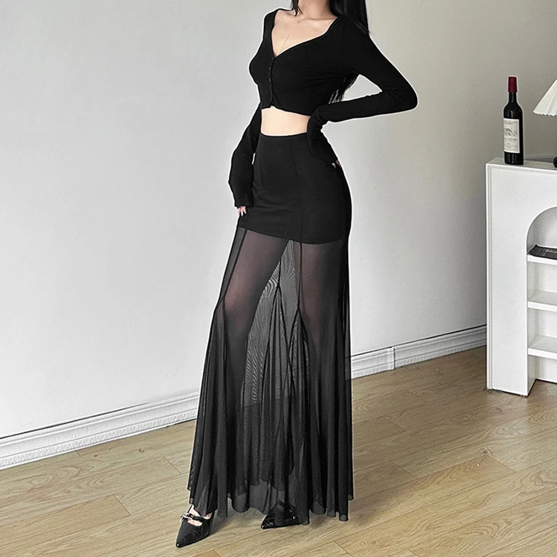 Elegant Skirt Women y2k Clothes See Through High Waist Fishtail Hem Mesh Bodycon Skirt 2000s Party Skirts Streetwear