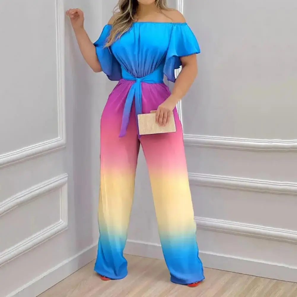 

Women Jumpsuit Boat Neck Wide Leg Long Pants Boho Gradient Color Bandage Lady Romper Tight Women Jumpsuits Plus Size Trousers