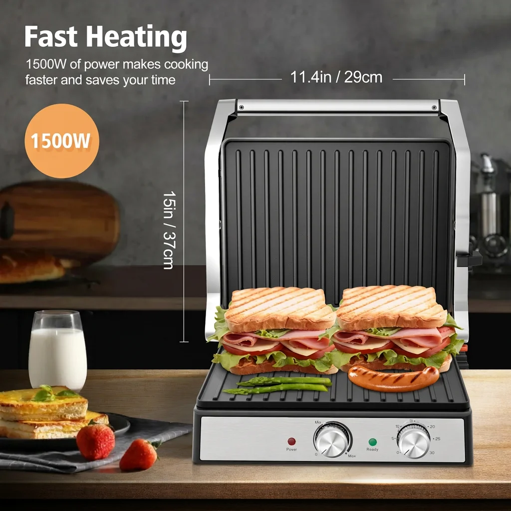1500W 4-Slice Panini Press With Timer, Adjustable Temp & 180° Opening - Electric Grill, Stainless Steel Sandwich Maker 2