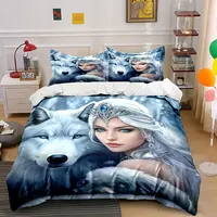 Ensemble de housse de couette imprimée princesse et loup, 3 pièces, literie de style King Queen, chambre d'hôtes, cadeau (1 housse de couette et 2 taies d'oreiller) 4