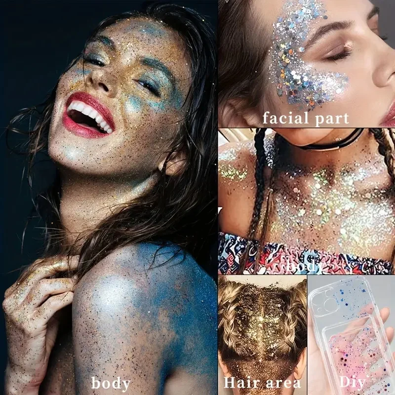 "Sparkle-Infused" Sparkling Gray Glitter Gel For Mardi Gras Concerts & Festivals Mermaid Face Paint & Chunky Hair Sparkle Makeup 6