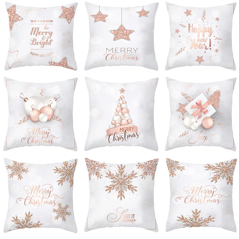 

45x45cm Pink Gold Christmas Pillowcase Living Room Sofa Cushion Cover Merry Christmas Gifts For Girls Home Car Decor Pillowcover