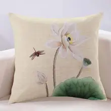 

Chinese Style Pillowcase Cotton Hemps Ink Painting Lotus Flower Beige Buddhist Mood 45*45CM Home Decor Living Room Cushion Cover