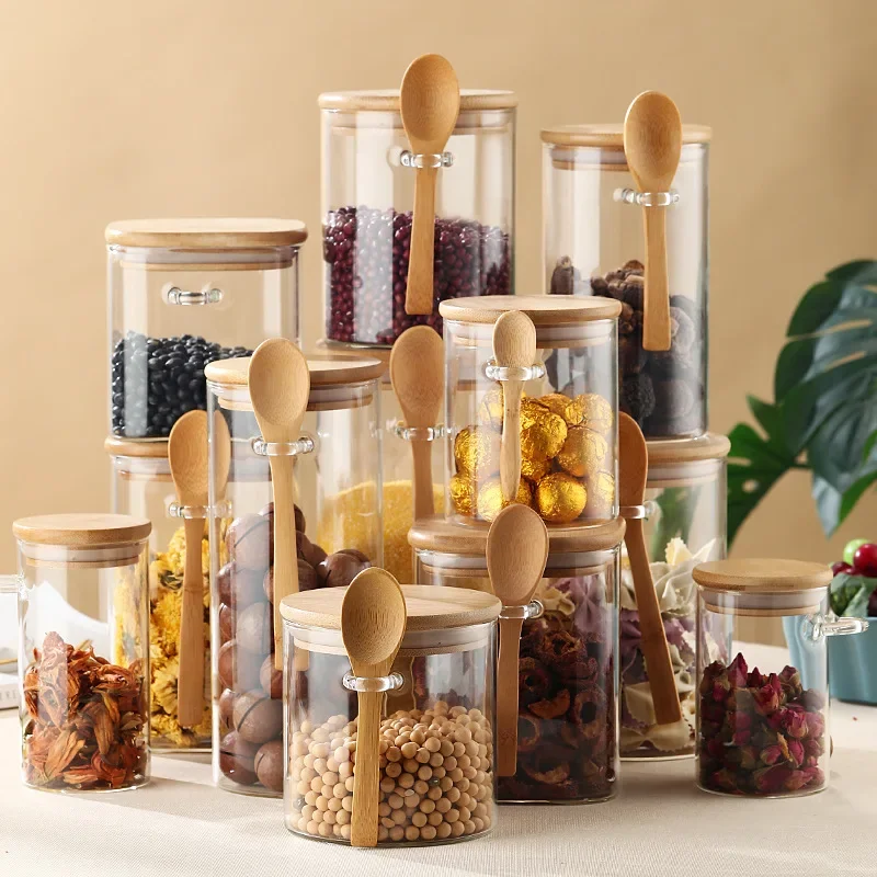 Glass Sealed Jars Seasoning Jars Set with Wooden Spoon and Wooden Lid Seasoning Jars Candy Household Containers Storage Jars 3