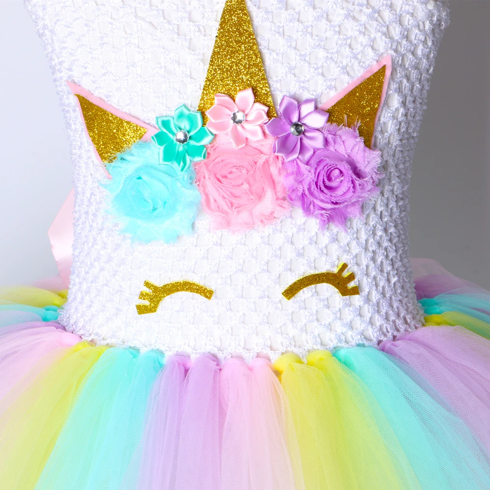 Girls Unicorn Dress Pastel Rainbow Kids Birthday Party Tutu Princess Dress Baby Girls Christmas Halloween Pony Cosplay Costume