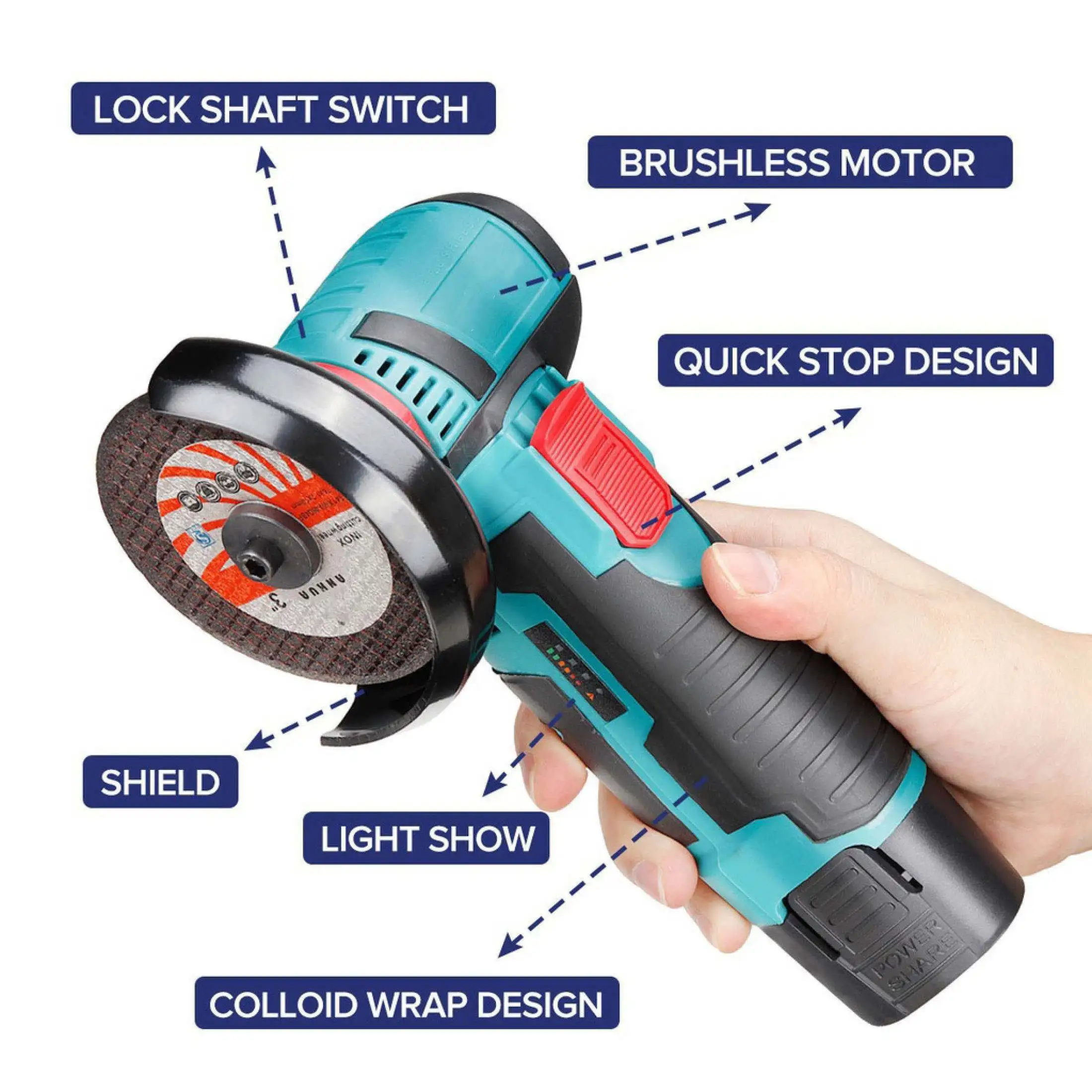 Drillpro 12V /18V Brushless Angle Grinder 75MM 19500rpm Electric Polishing Grinding Mini Cordless Diamond Cutting Disc Grinder 2