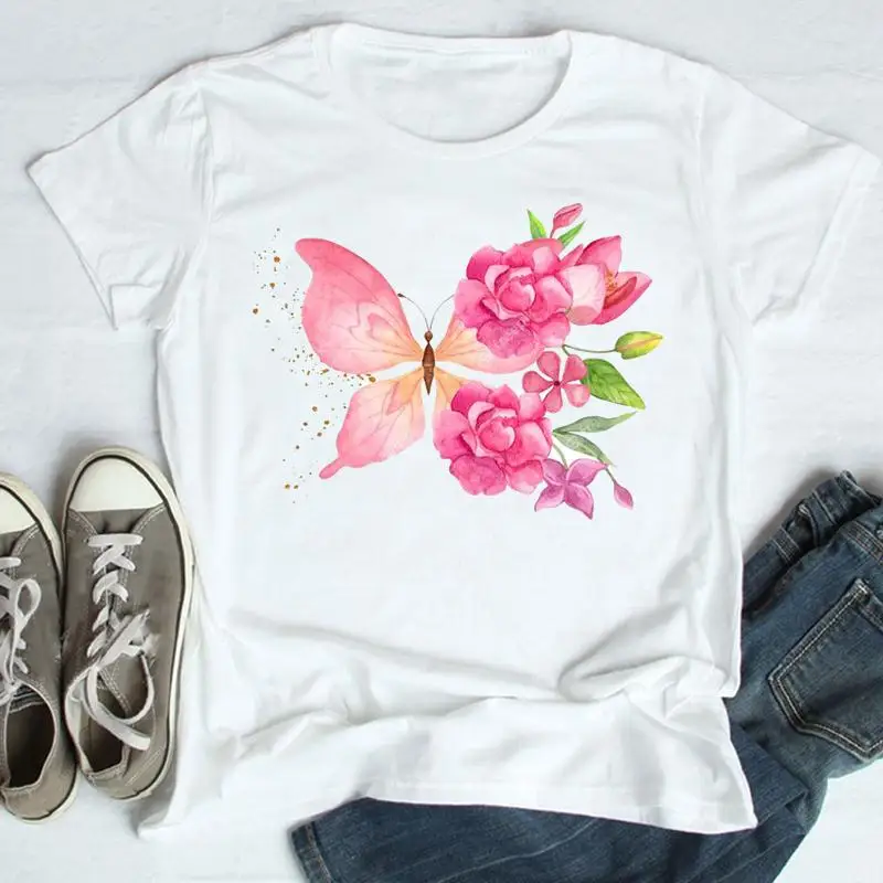 

Tees Women Flower Butterfly New Cute Print Summer Cartoon Print Female Clothes Tops Tshirt Fashion Short Sleeve Graphic T-Shirt