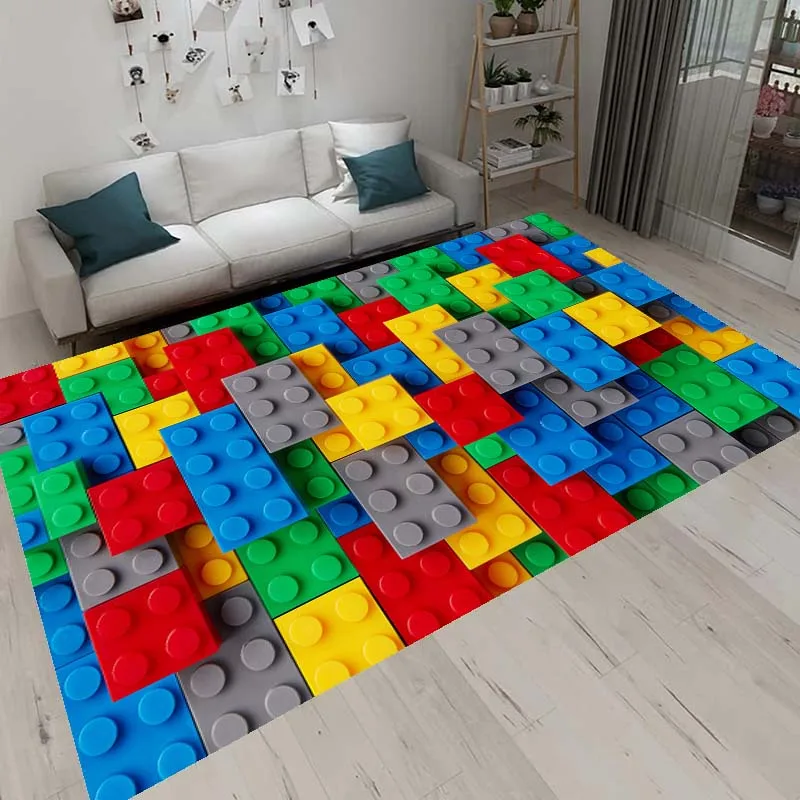 3D Colorful Geometric Block Area Rugs for Living Room Bedroom Building Block Toys Carpet Home Kids Room Decor Non-Slip Floor Mat