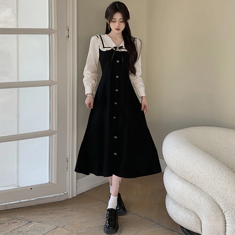 

Женское длинное платье с длинным рукавом, элегантное черное однобортное платье составного кроя с кукольным воротником и бантом, весна-осень