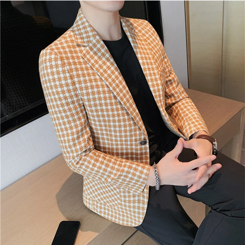 

2023 New Men Boutique Fashion Plaid Casual Business Blazer Suit Jacket Groom Wedding Dress Party Male Coat Plus Size S-4XL