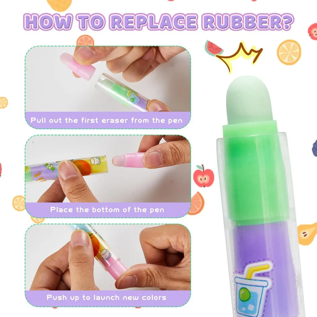Pencil Eraser 1PCS Creative Fruit Multi Color Replacement Head Eraser 5-Section Bullet Head Pen Type Detachable