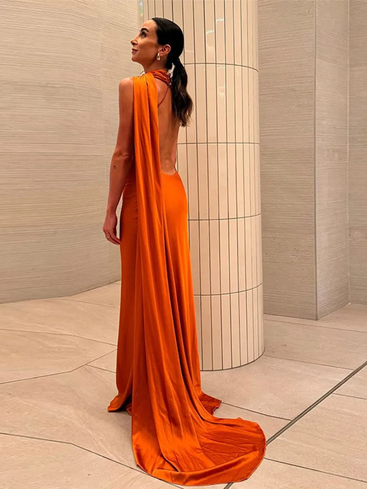 Chic Solid Satin Halter Maxi Dress Women New Sexy Backless Sleeveless Long Dresses With Scarf  Lady Evening Club Party Vestidos 2