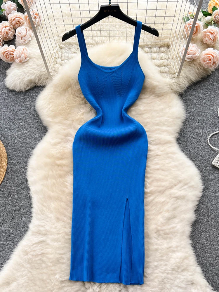 

YuooMuoo Basic Knitted Bodycon Mini Dress 2023 Summer Fashion Straps Slim Elastic Split Women Dress Streetwear Ladies Sundress